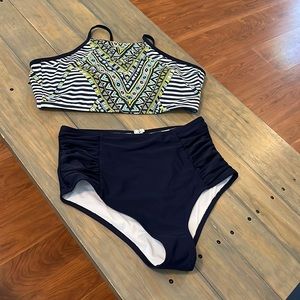 Cupshe Navy High-Waist Bikini with Patterned Strappy Top